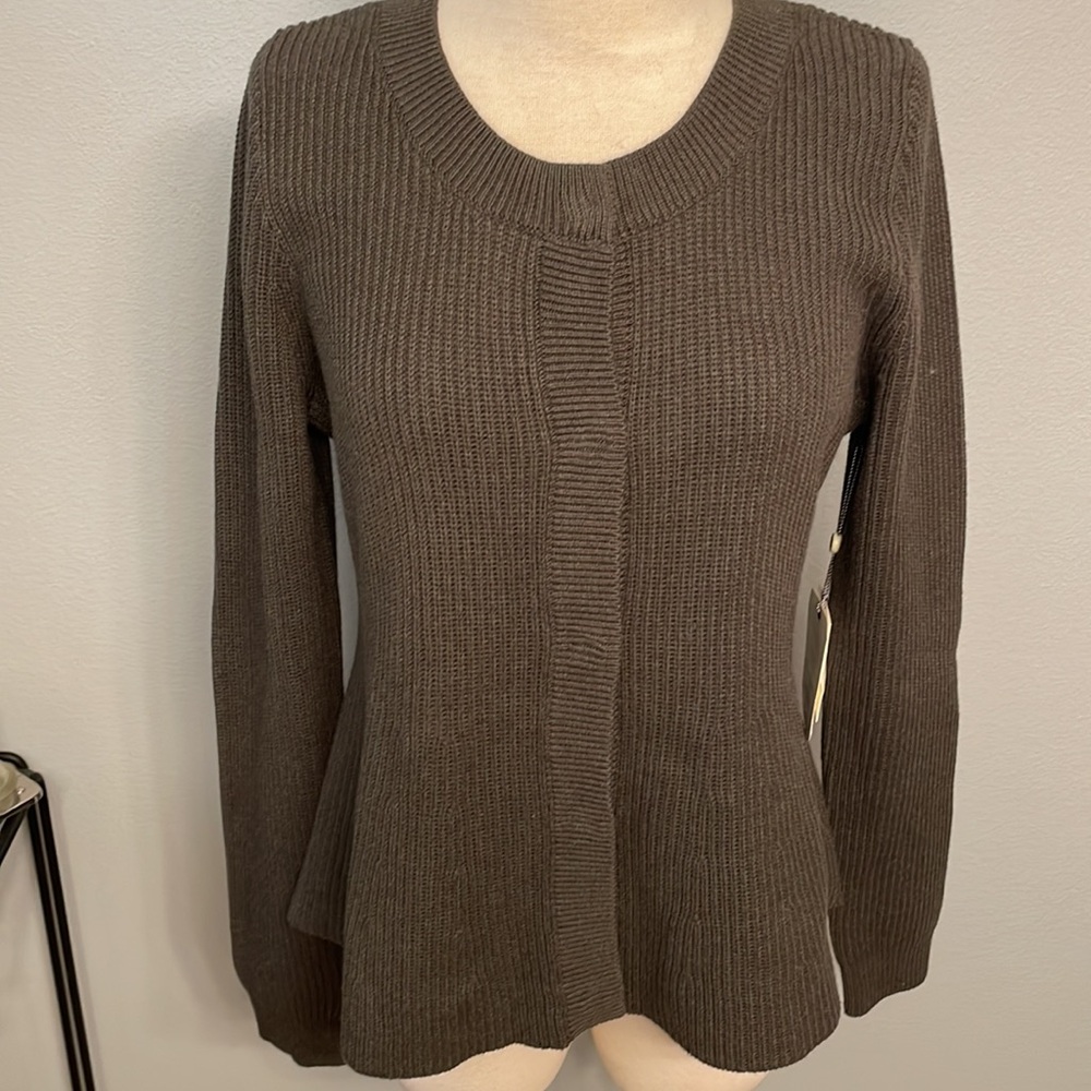 NWT Margaret Oleary Women's Olive Green Peplum Snap Front Cardigan size L